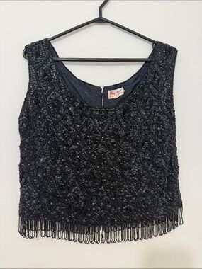 Vintage gorgeous black beaded tassled crop top - L